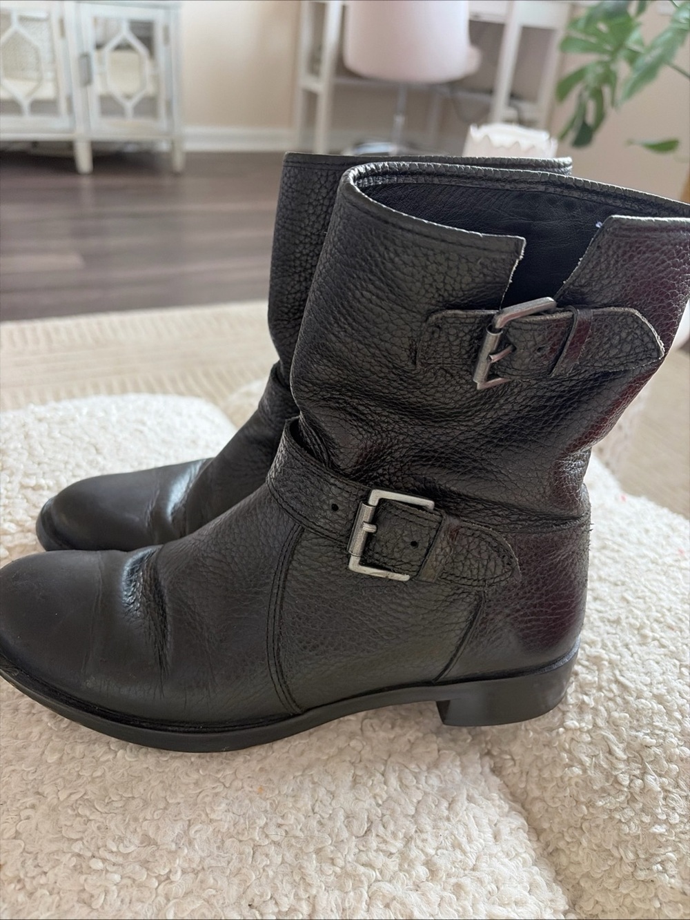 J.Crew Black Pebbled Leather Biker Moto Engineer Boot With Buckle  6.5